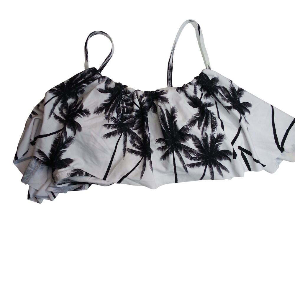 B&W Palm Tree Ruffled Bikini Top Swimwear L - New Without Tags
